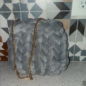 Elegant Gray Braided Shoulder Bag with Gold Chain